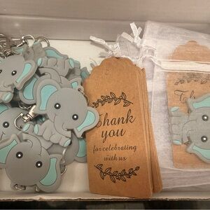 16 Pack Baby Shower Return Favors Guests Baby Elephant Keychains, Bags, & Cards.